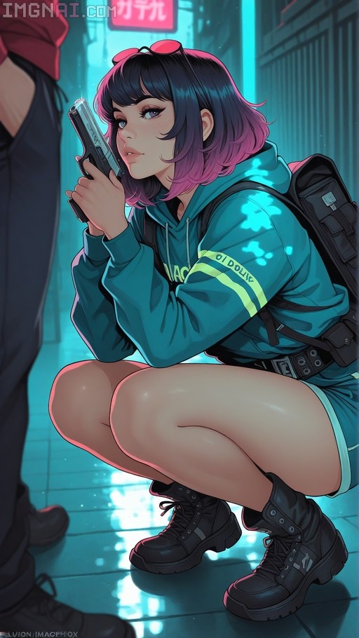 A young woman with blue and pink hair squats in a neon-lit street wearing a teal hoodie and holding a silver handgun.