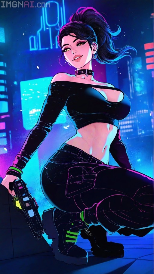 A confident cyberpunk woman with dark hair and yellow eyes squats while holding a futuristic silver pistol in a neon-lit urban setting.