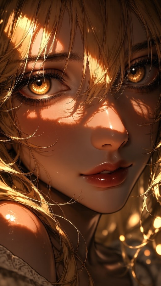 Close-up portrait of a blonde woman with amber eyes looking at the viewer, bathed in warm sunlight.