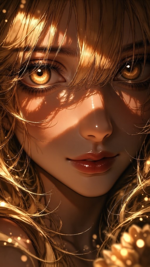 Close-up of a blonde girl with golden eyes looking at the viewer, illuminated by warm dappled sunlight and surrounded by floating light particles.
