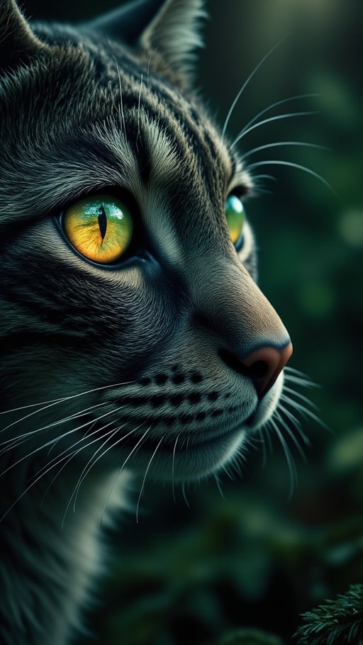 Close-up of a grey tabby cat with yellow eyes looking to the side.