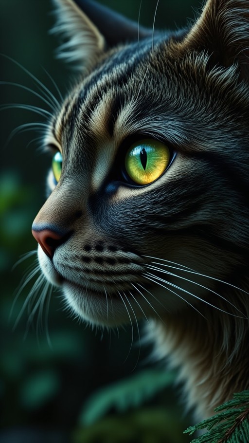 Close-up profile view of a tabby cat's face featuring detailed fur, long white whiskers, and piercing yellow-green eyes with vertical pupils against a blurred green background.