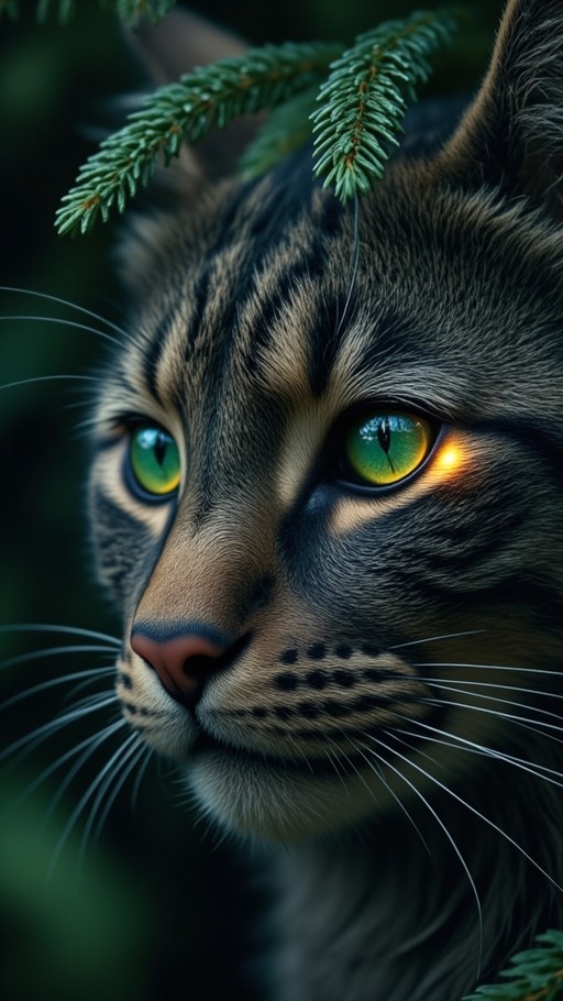A close-up portrait of a realistic tabby cat with striking green eyes and vertical pupils, framed by evergreen pine needles against a dark background.