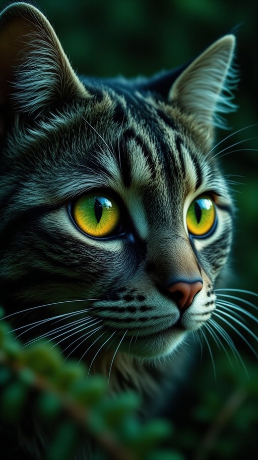 A close-up view of a tabby cat's face with intense yellow-green eyes and prominent whiskers against a blurred green backdrop.