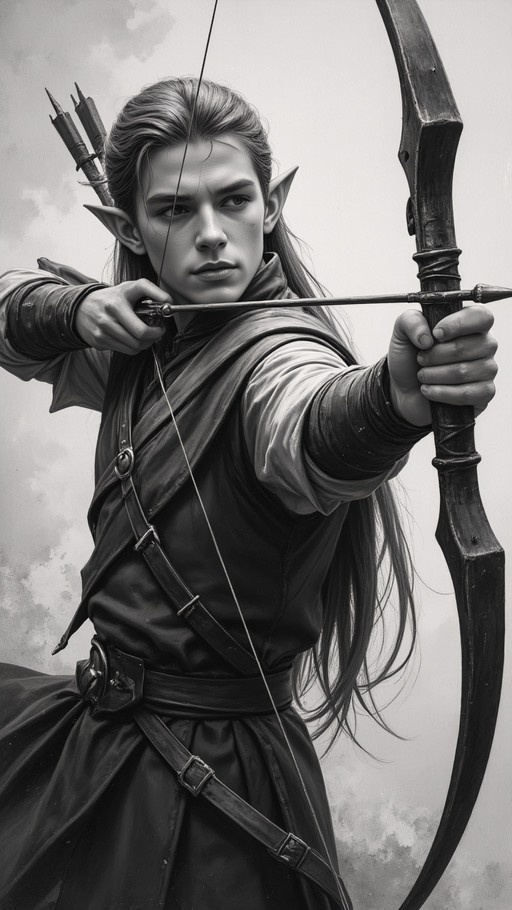 Greyscale digital portrait of a young male elf with long hair aiming a bow and arrow.