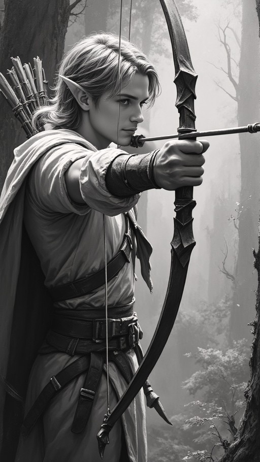 A monochrome illustration of a young male elf with pointed ears aiming a bow in a misty forest, wearing a cloak and carrying a quiver of arrows on his back.