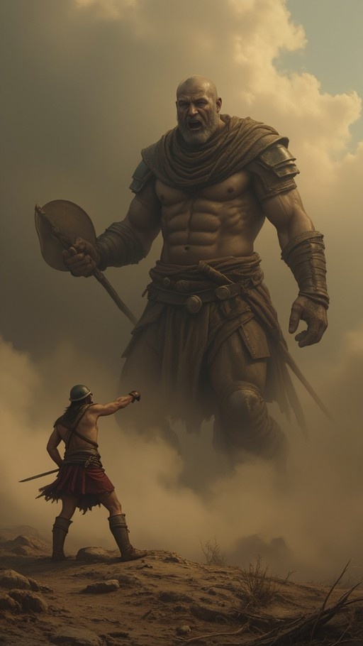 A digital illustration showing a massive bald giant warrior holding a shield, towering over a smaller soldier in a helmet and red skirt who is pointing up at him.