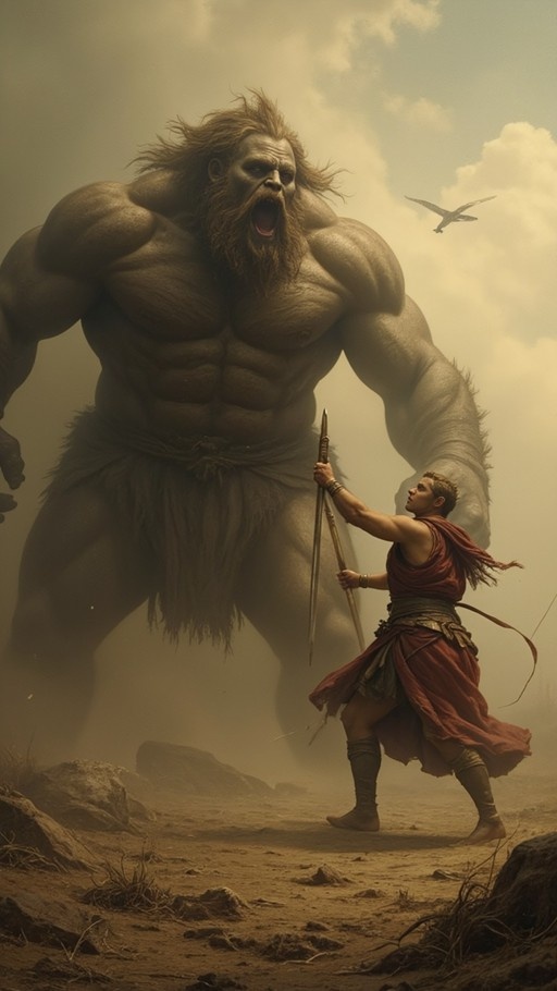 A massive bearded giant roars at a smaller warrior holding a spear in a dusty landscape.