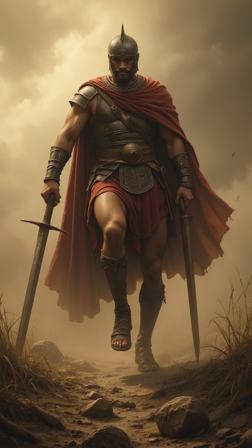 A full-body digital illustration of a muscular bearded warrior wearing a helmet and metal armor with a red cape, walking forward while holding two swords in a misty outdoor environment.