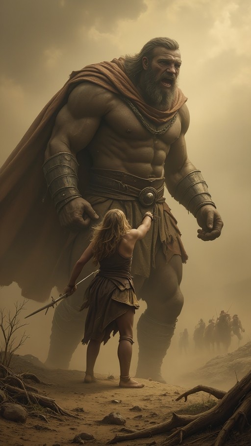 A large bearded giant warrior stands over a small blonde figure holding a sword who reaches up to touch his leg in a dusty landscape.