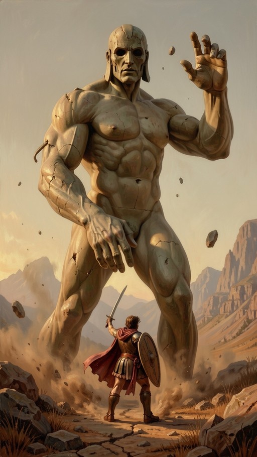 A small armored warrior holding a sword and round shield stands before a towering, cracked stone giant with massive muscles in a dusty mountain valley.