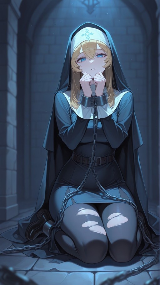 Anime-style blonde nun kneeling in a dungeon with wrists cuffed and chained, wearing a black habit and torn tights.