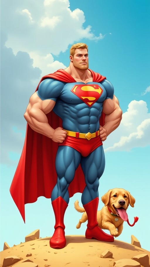 A full-body digital illustration of a very muscular blond superhero in a blue suit and red cape standing with hands on hips next to a running golden retriever dog against a blue sky.