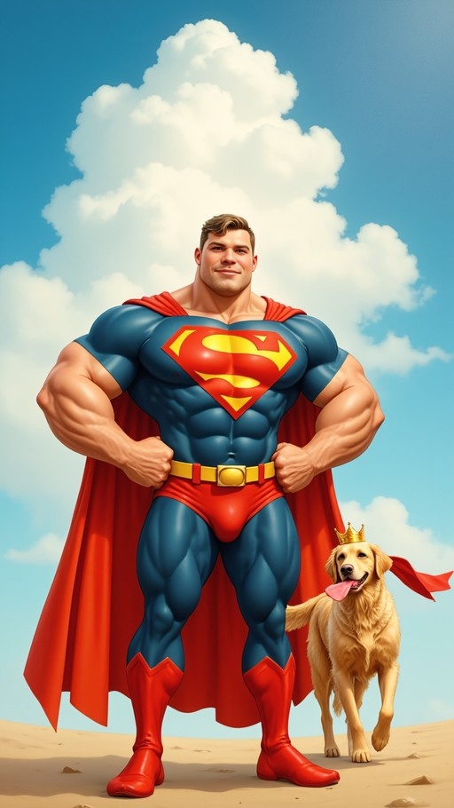 A muscular man in a blue and red superhero suit stands on sand next to a golden retriever wearing a gold crown and small red cape under a cloudy sky.