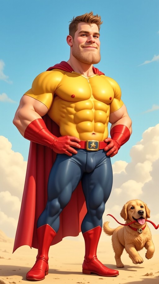 A full-body shot of a very muscular man in a yellow superhero costume with a red cape and blue pants standing on sand while a golden retriever puppy runs next to him holding the cape in its mouth.