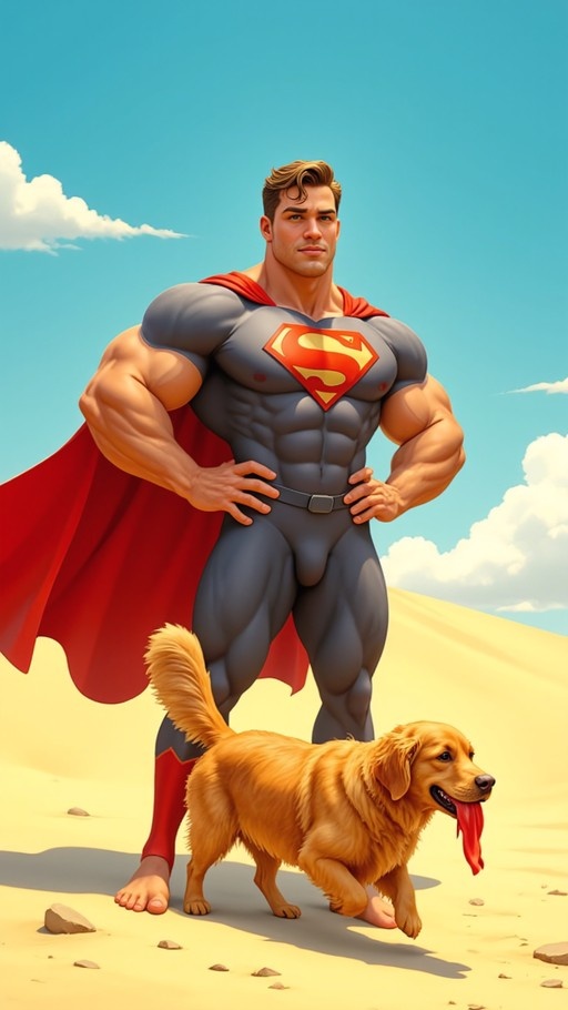 A muscular superhero in a grey suit with an 'S' shield and red cape stands in the desert while a golden retriever walks nearby.