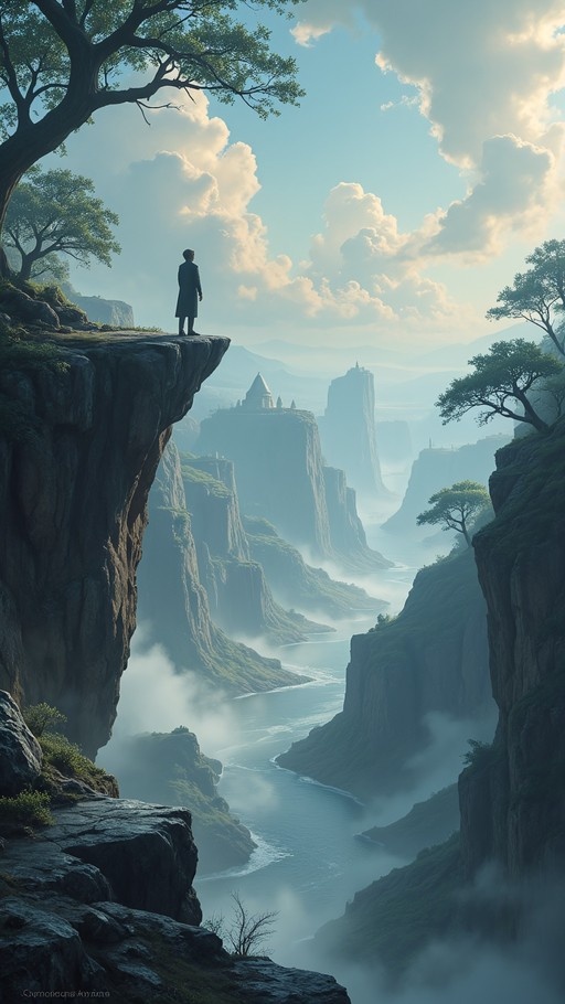 A digital illustration of a lone figure in a long coat standing on the edge of a high cliff, looking out over a vast, misty canyon with a river and distant structures under a cloudy sky.