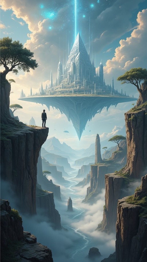 A lone figure stands on a cliff edge looking at a massive floating city with spires and a blue light beam above a misty canyon.