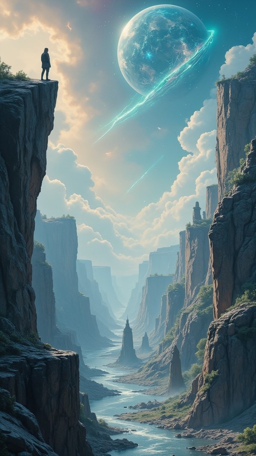 A person stands on a rocky precipice looking out at a vast canyon with a large glowing planet and falling meteors in the sky.