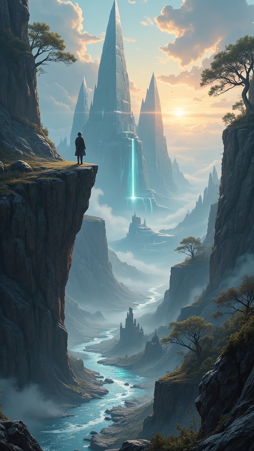 A lone figure stands on a grassy cliff edge overlooking a vast fantasy landscape featuring a winding river, misty valleys, and towering jagged spires with a glowing blue waterfall under a sunset sky.