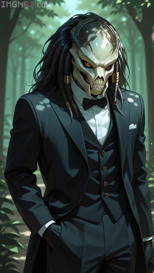 A digital illustration of a Predator character wearing a black suit and bowtie standing in a forest.