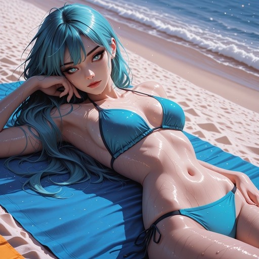 A teal-haired woman in a blue string bikini lies on a beach towel, looking at the viewer with shiny skin against an ocean background.