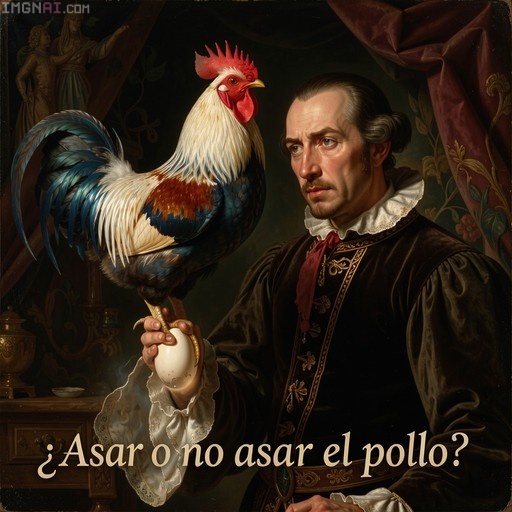 A Spanish nobleman in Baroque attire holds a rooster and an egg while contemplating whether to roast the chicken, with text overlay '¿Asar o no asar el pollo?'.