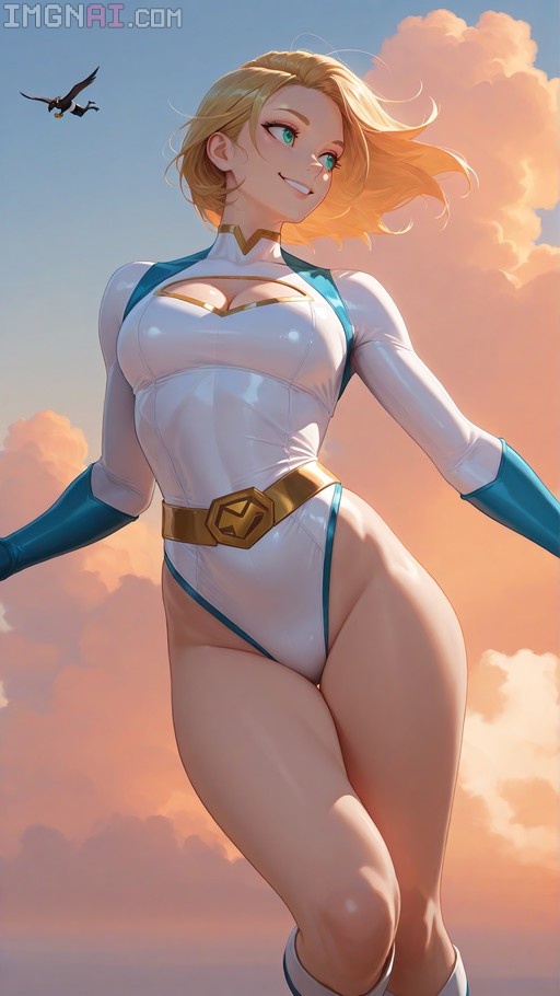 Power Girl in a white and blue leotard with a gold belt flies through an orange cloudy sky.