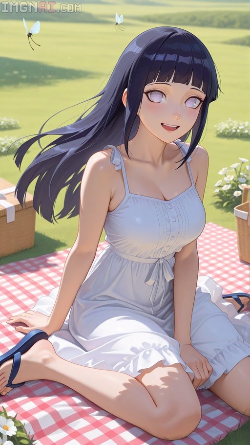 Hyuuga Hinata from Naruto sitting on a red checkered picnic blanket in a grassy field, wearing a white sundress and blue flip-flops, with butterflies flying around her.