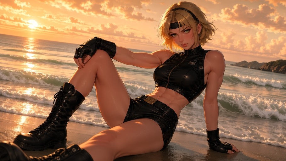 Cammy White from Street Fighter sitting on a sandy beach during sunset, wearing a black leather crop top, shorts, and boots.