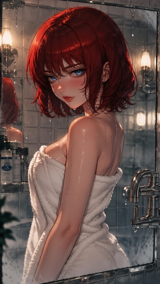 Red-haired anime girl in a white towel looking over her shoulder in a bathroom mirror.