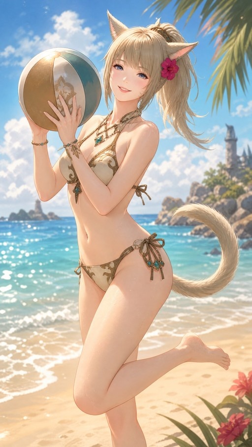 A blonde anime woman with cat ears and a tail stands on one leg on a sunny beach holding a striped beach ball while wearing an ornate bikini.