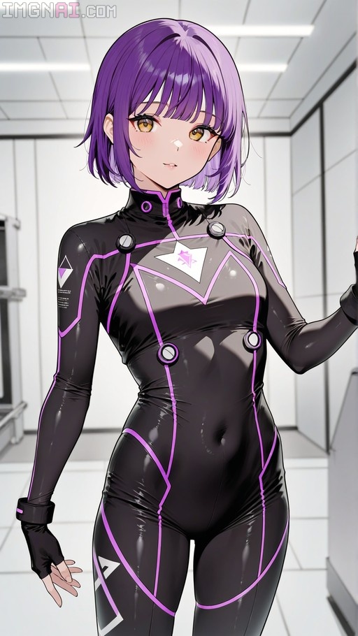 Anime woman with short purple hair and yellow eyes wearing a tight black bodysuit with pink accents standing in a white room.