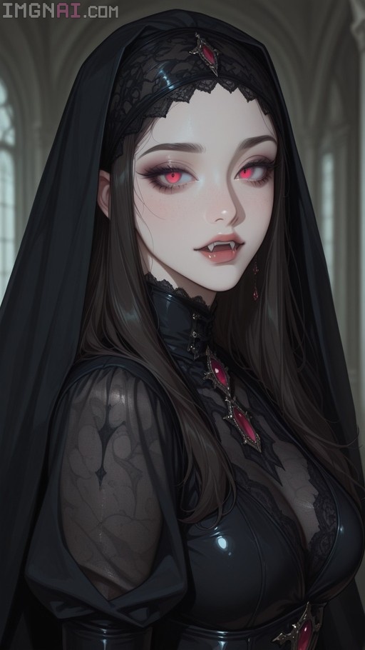 A portrait of a pale vampire woman with long dark hair and glowing red eyes, wearing a black lace-trimmed veil and a form-fitting dress with red gemstone jewelry.