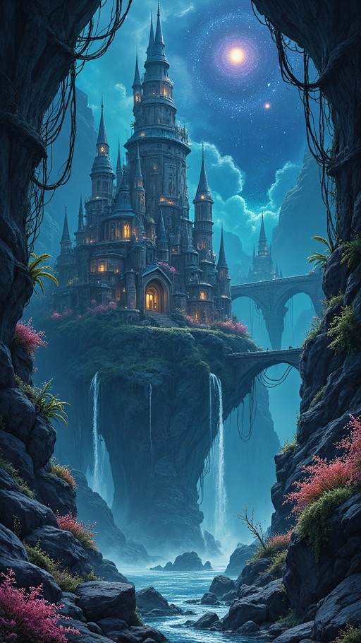 A glowing fantasy castle perched on a high cliff edge with cascading waterfalls, framed by rocky foregrounds under a starry night sky.