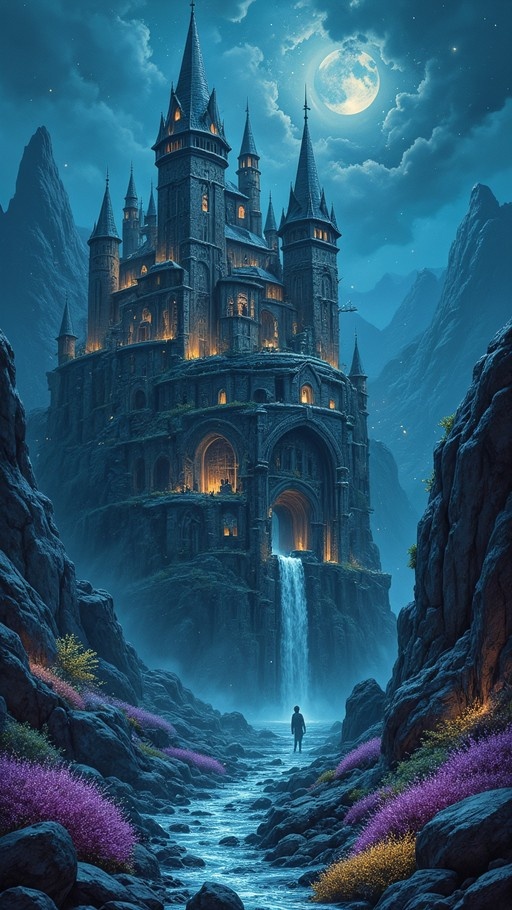 A solitary figure stands before a towering dark fantasy castle perched on a cliff under a bright full moon, with a waterfall cascading nearby and purple flowers lining the rocky path.
