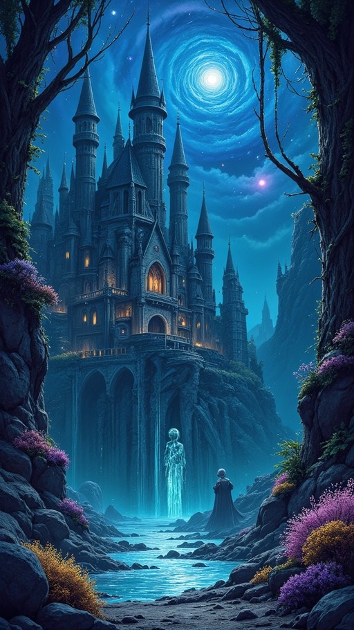 A cloaked figure stands by a river looking at a glowing translucent spirit, with a large fantasy castle on a cliff and a swirling moon in the blue night sky behind them.