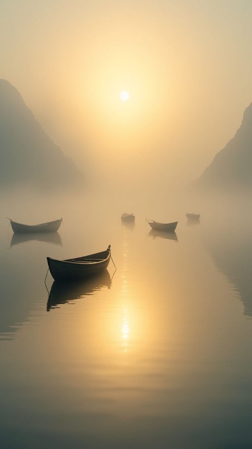 Several small boats float on a calm, misty lake with the sun reflecting off the water and mountains in the background.