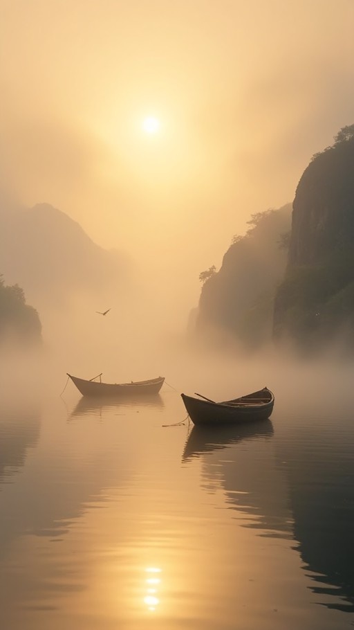 Two small boats floating on a misty lake with mountains in the background during a golden sunrise.