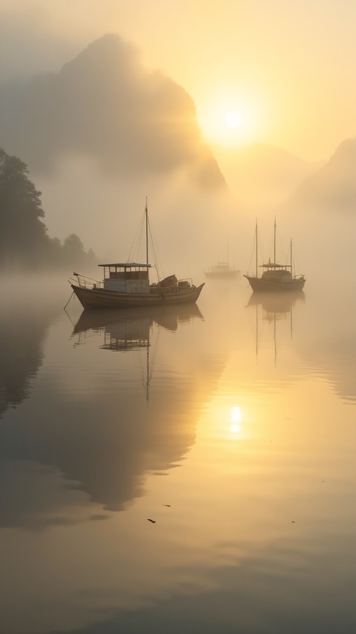 Silhouettes of fishing boats on a foggy lake with mountains and sun reflecting in the water