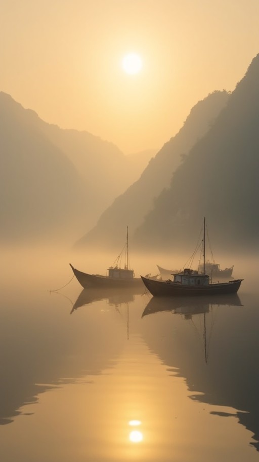 Two fishing boats floating on a misty lake with mountains in the background during a golden sunrise.