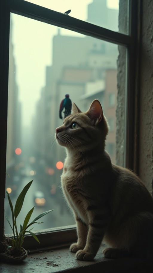 An orange tabby cat sits on a windowsill next to a potted plant, looking out at a city street where a superhero figure climbs a building in the distance.