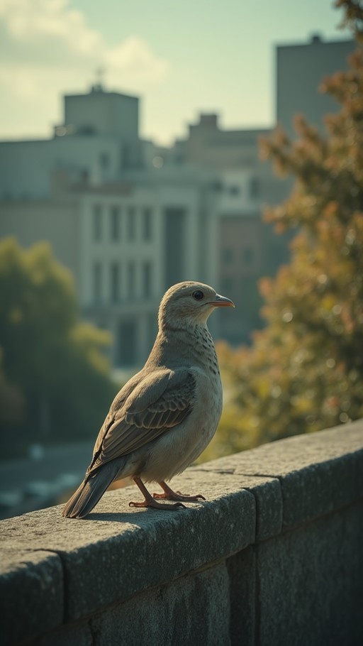 A light brown pigeon standing on a grey stone ledge with blurred buildings and trees in the background.