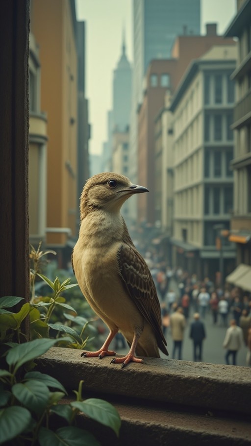 A light brown bird stands on a stone ledge next to green plants with a blurred city street and buildings in the background.