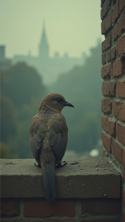 A brown bird perched on a ledge next to a brick wall with a blurred city view in the background