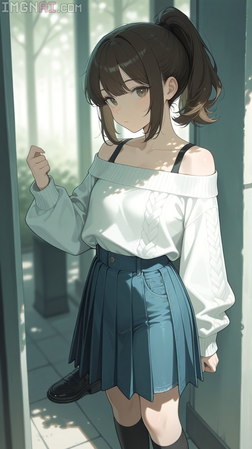Brown-haired anime girl in a white off-shoulder sweater and blue pleated skirt standing outdoors.