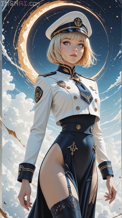 Blonde anime girl in a white naval uniform with gold trim standing before a swirling sky with a large golden crescent moon.