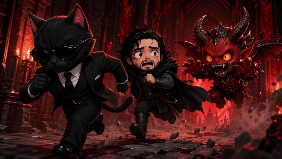 A chibi-style illustration of a black cat in a suit, a scared bearded warrior, and a red demon running together through a dark gothic hall.