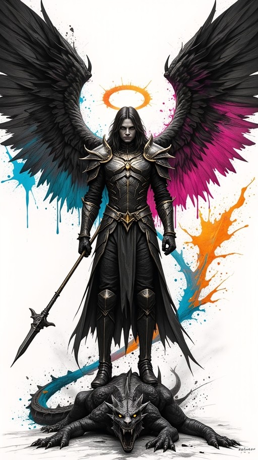 A full-body digital illustration of a male warrior with large black wings and yellow eyes, wearing black armor and holding a spear while standing on a defeated dragon.