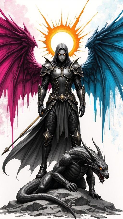 A hooded armored warrior with magenta and blue wings stands holding a spear, with a black dragon crouching on a rock in front of them against a sunburst background.
